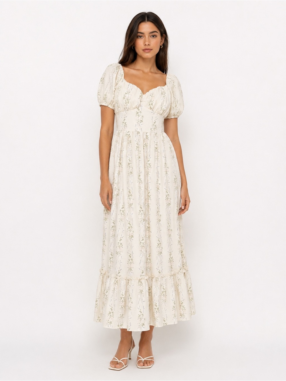 Ivory Floral Puff-Sleeve Maxi Dress